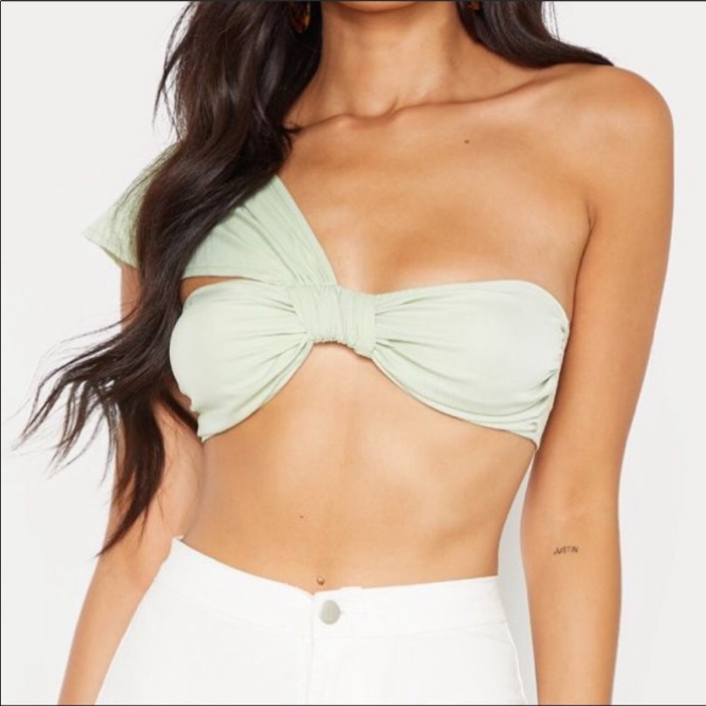 Sage green twist one shoulder crop top